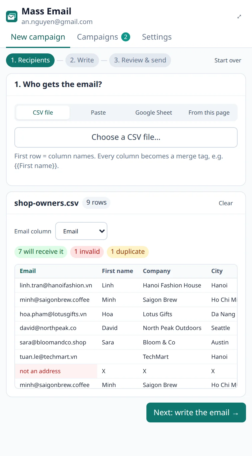 The Recipients step: a contact list with 7 valid addresses, 1 invalid and 1 duplicate flagged