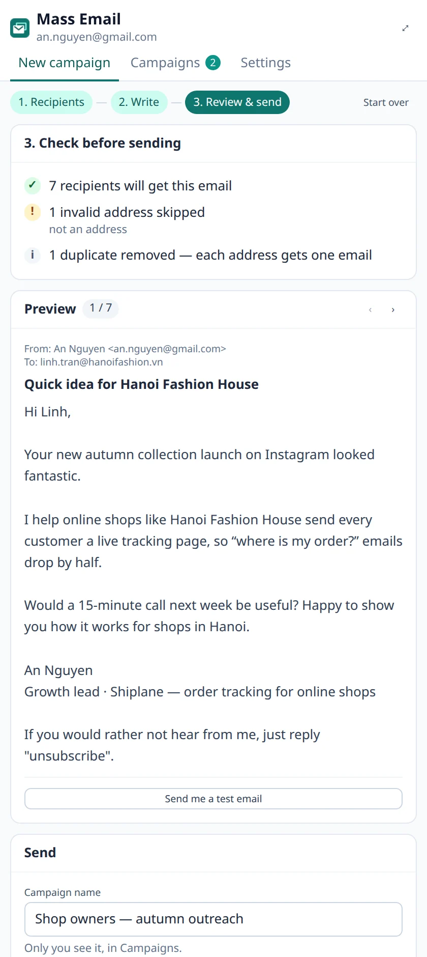 The Review step: checks passed and a preview of the personalized email for Linh at Hanoi Fashion House